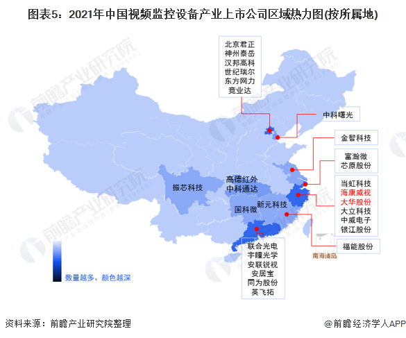 图表5：2021年中国视频监控设备产业上市公司区域热力图(按所属地)